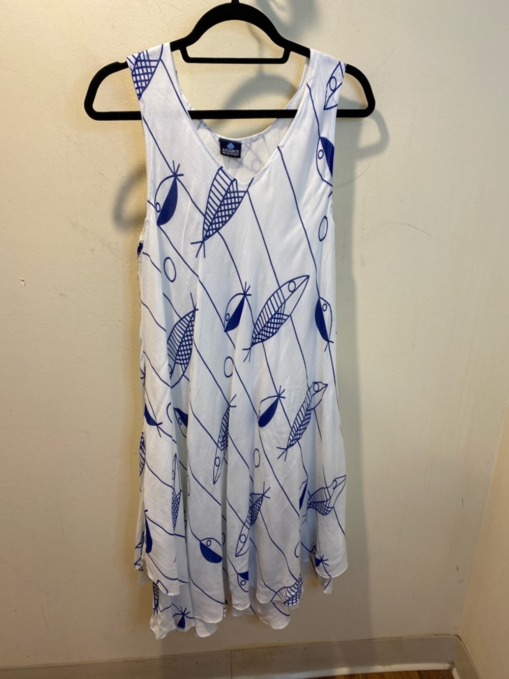 ADVANCE White & Blue Fish Print Sleeveless Summer Sleeveless Dress OSFA